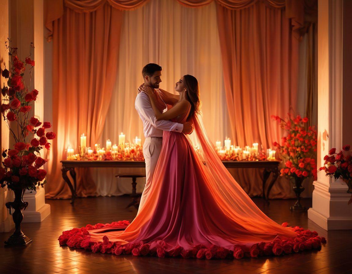 A romantic scene featuring a couple engaged in a playful dance under soft, warm lighting, surrounded by elegant decor that hints at sensuality. Include elements like flowing fabrics, roses, and a hint of glimmering candlelight to set an intimate mood. The couple should exude chemistry and confidence, embodying the art of seduction. painterly style. vibrant colors. warm tones.